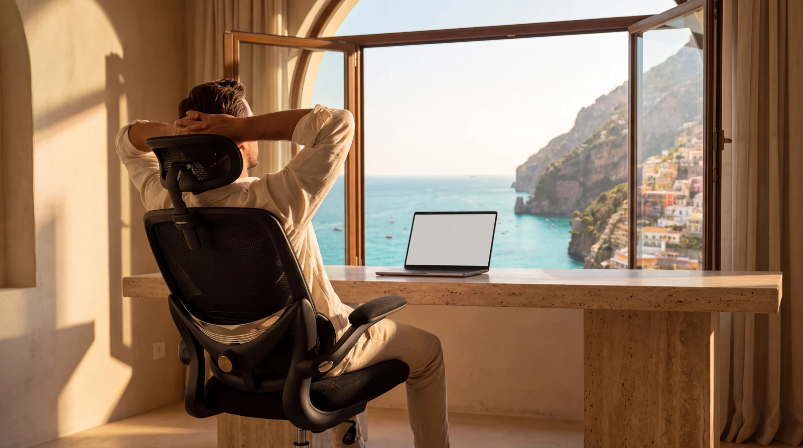 Un nomade digital détendu dans Aurèle One face à la côte amalfitaine